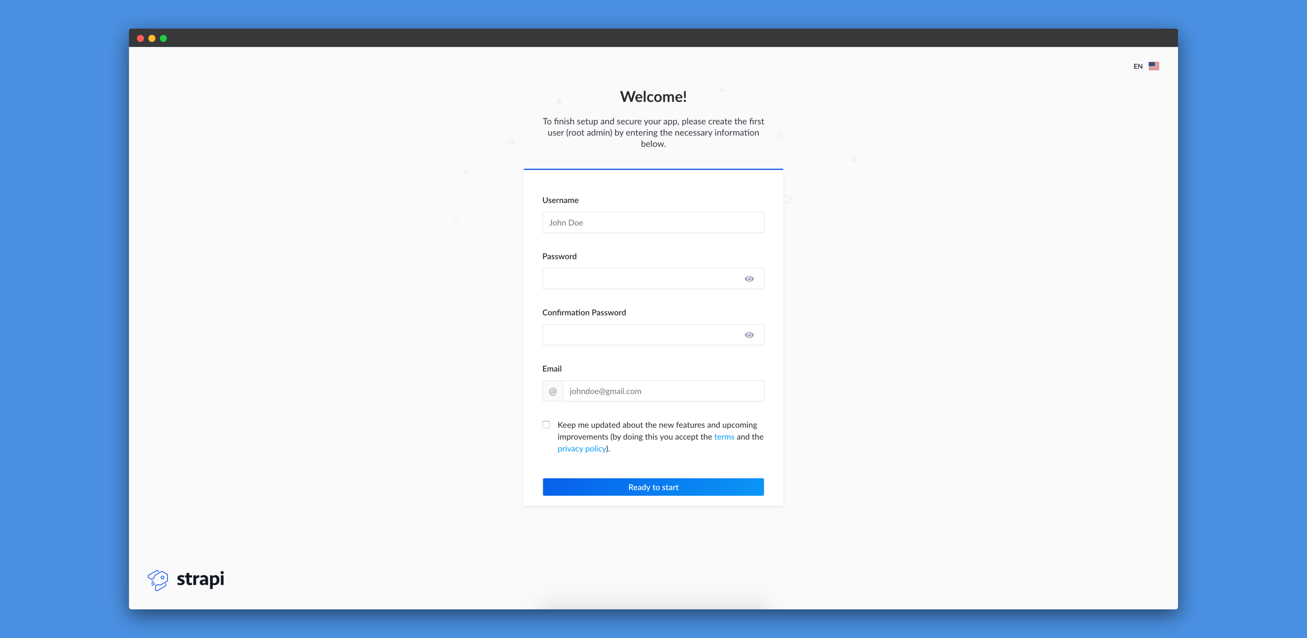 Form for creating an administrator